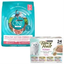 Fancy Feast Tender Feast Variety Pack Canned Kitten Food & Purina ONE +Plus Healthy Kitten Formula Natural Dry Cat Food