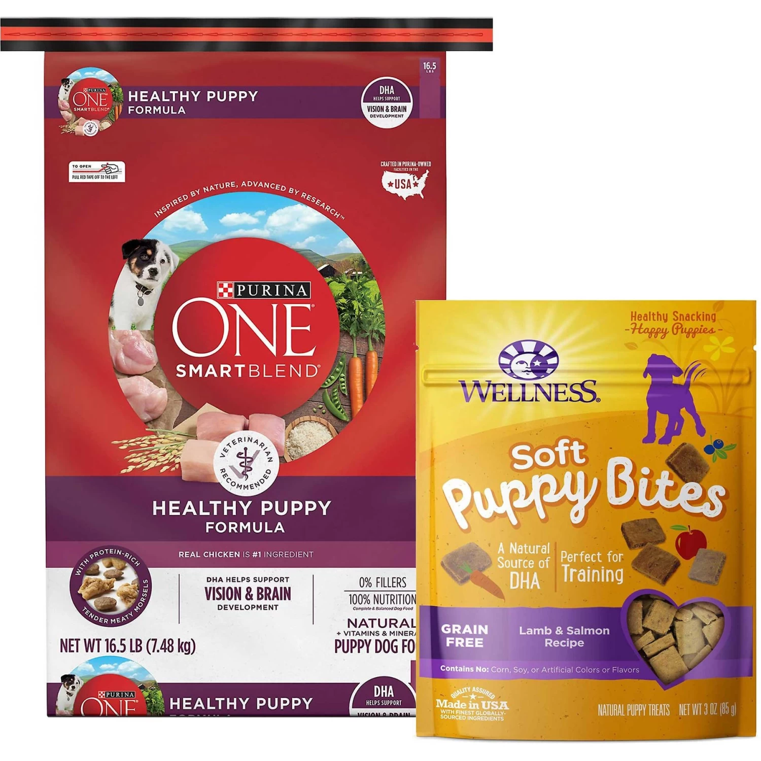 Purina ONE +Plus Natural High Protein Healthy Puppy Formula Dry Puppy Food & Wellness Soft Puppy Bites Lamb & Salmon Recipe Grain-Free Natural Dog Treats