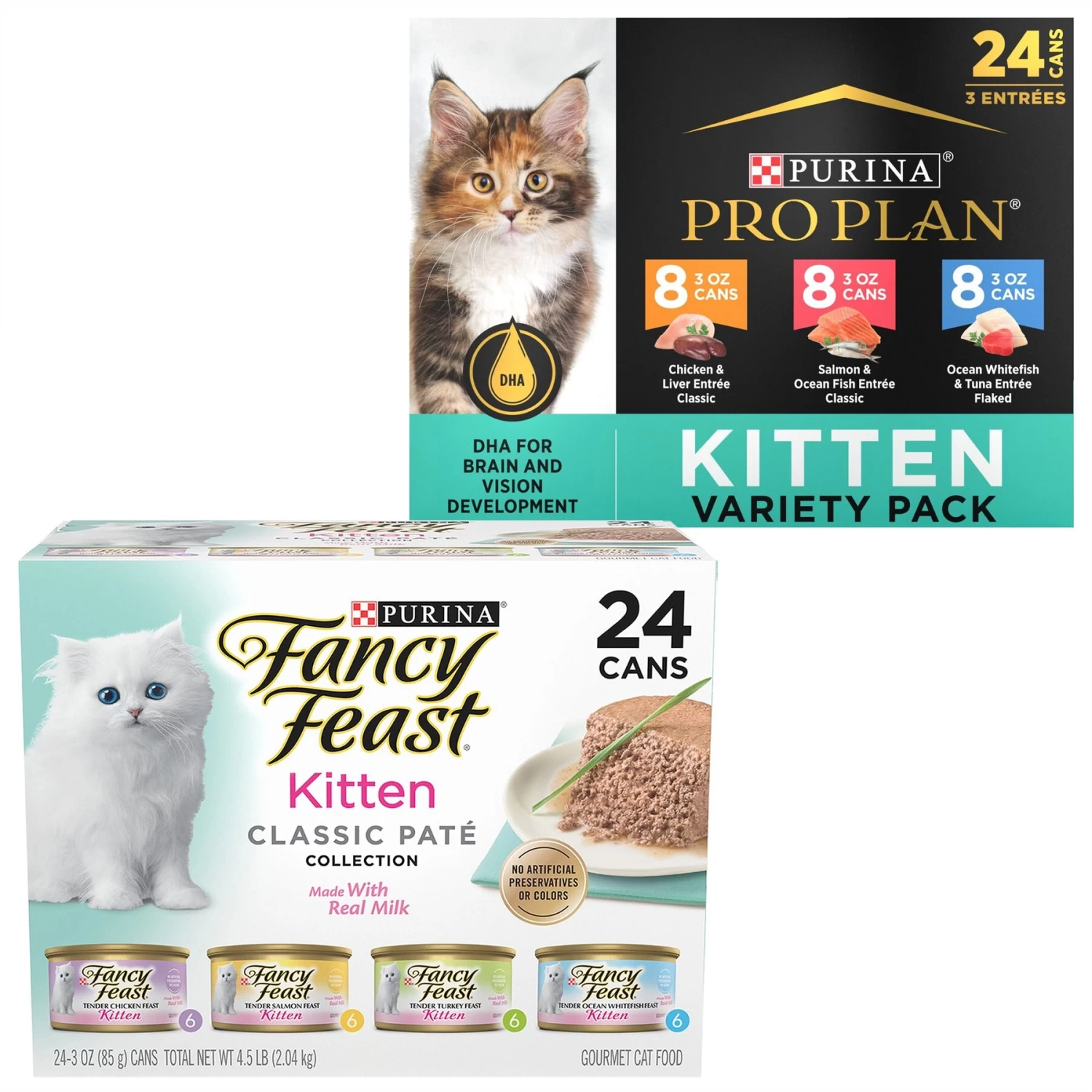 Purina Pro Plan Focus Kitten Favorites Variety Pack Canned Cat Food & Fancy Feast Tender Feast Variety Pack Canned Kitten Food