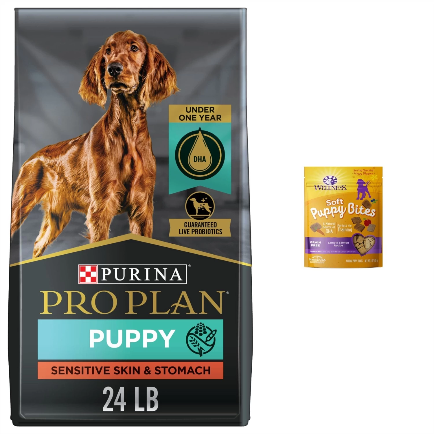 Purina Pro Plan Puppy Sensitive Skin & Stomach Salmon & Rice Dry Dog Food & Wellness Soft Puppy Bites Lamb & Salmon Recipe Grain-Free Natural Dog Treats