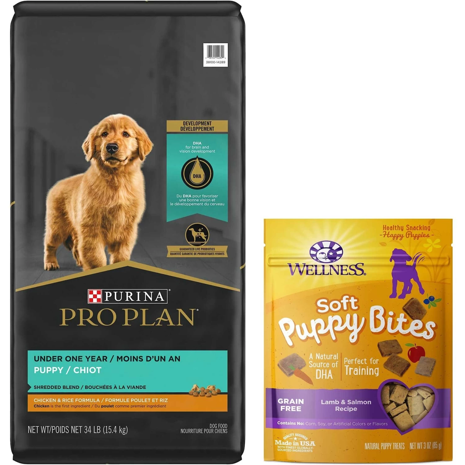 Purina Pro Plan Puppy Shredded Blend Chicken & Rice Formula With Probiotics Dry Dog Food & Wellness Soft Puppy Bites Lamb & Salmon Recipe Grain-Free Natural Dog Treats