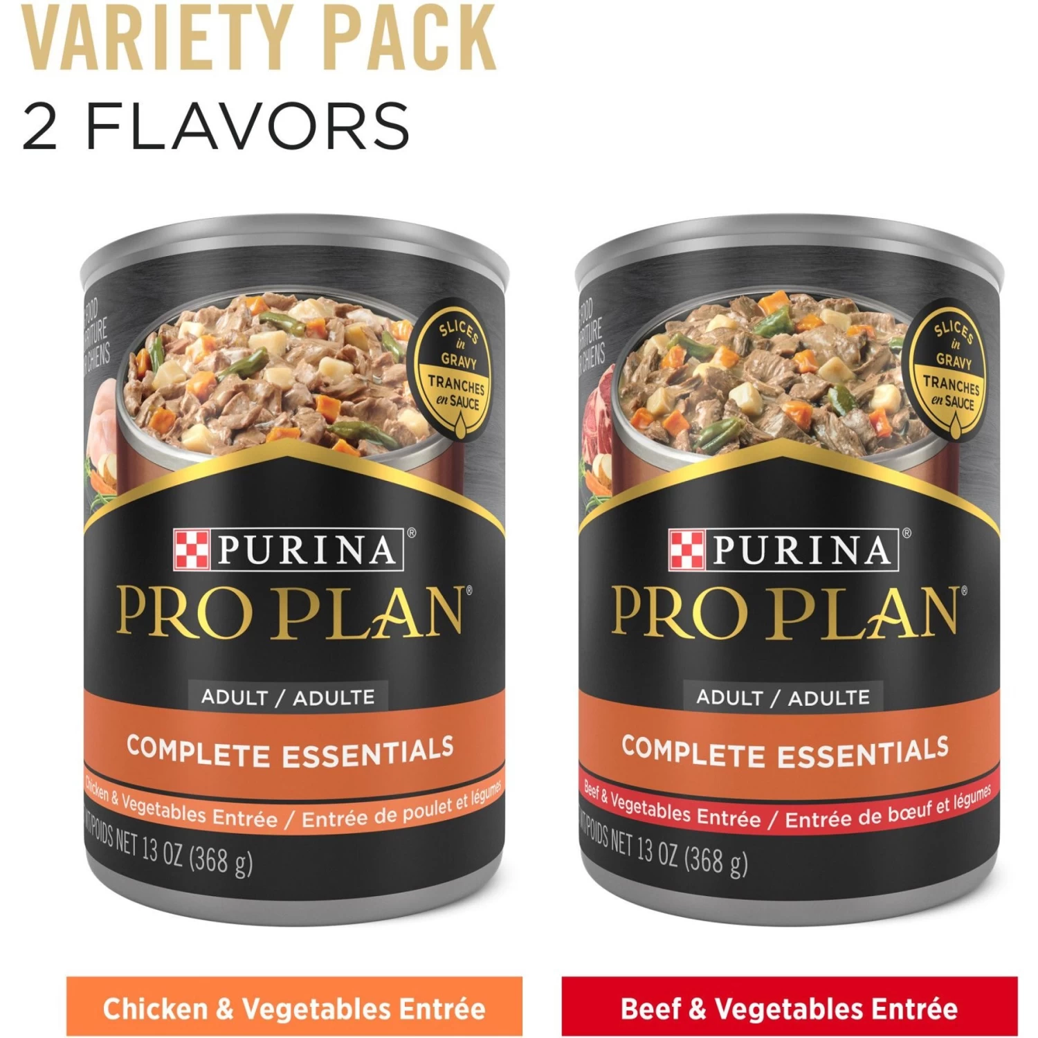 Purina Pro Plan Complete Essentials Variety Pack Beef & Vegetable & Chicken & Vegetable Entrée Slices In Gravy Wet Dog Food, 13-oz Can, Case Of 12 - Image 2
