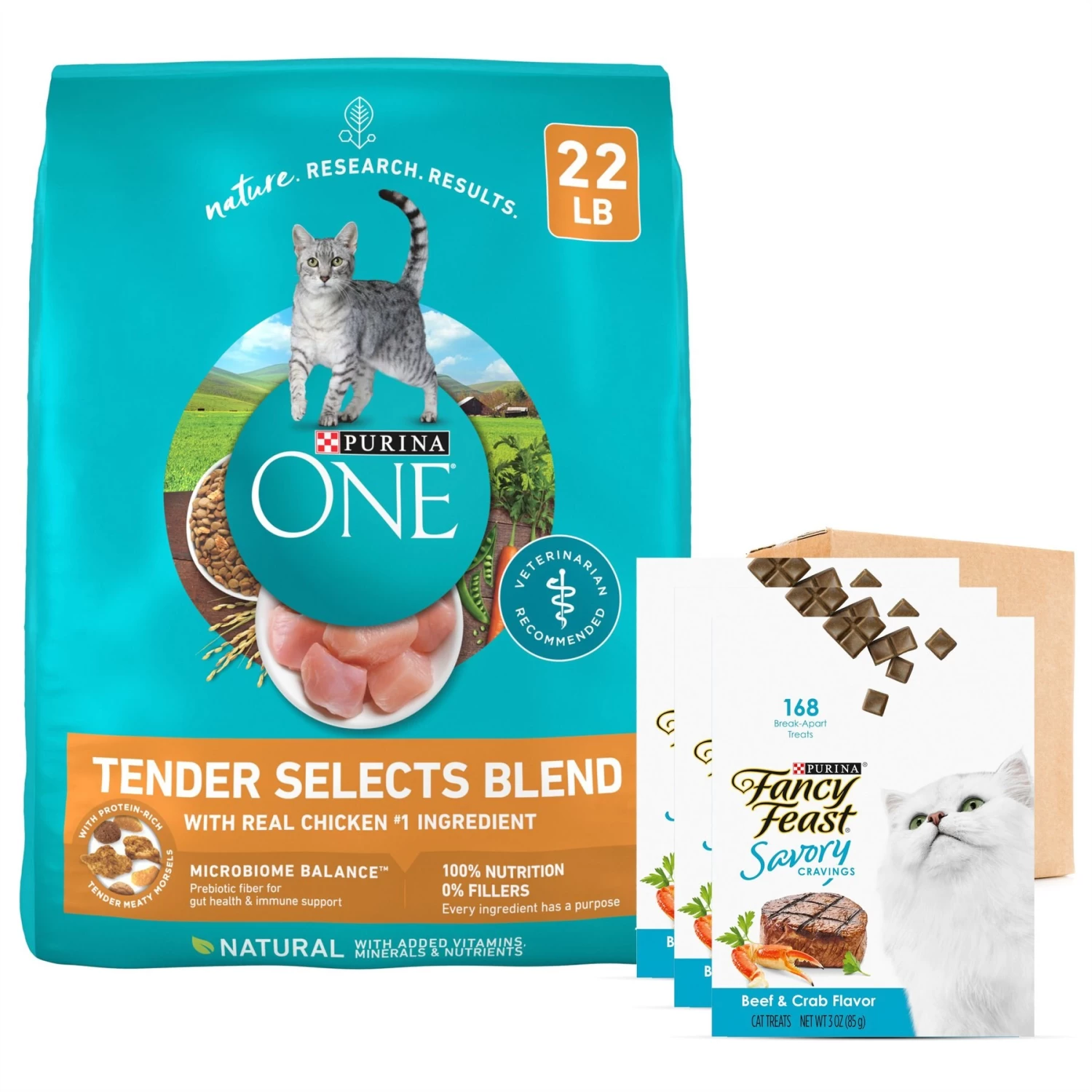 Purina ONE Tender Selects Blend With Real Chicken Dry Cat Food & Fancy Feast Savory Cravings Beef & Crab Flavor Limited Ingredient Soft Cat Treats
