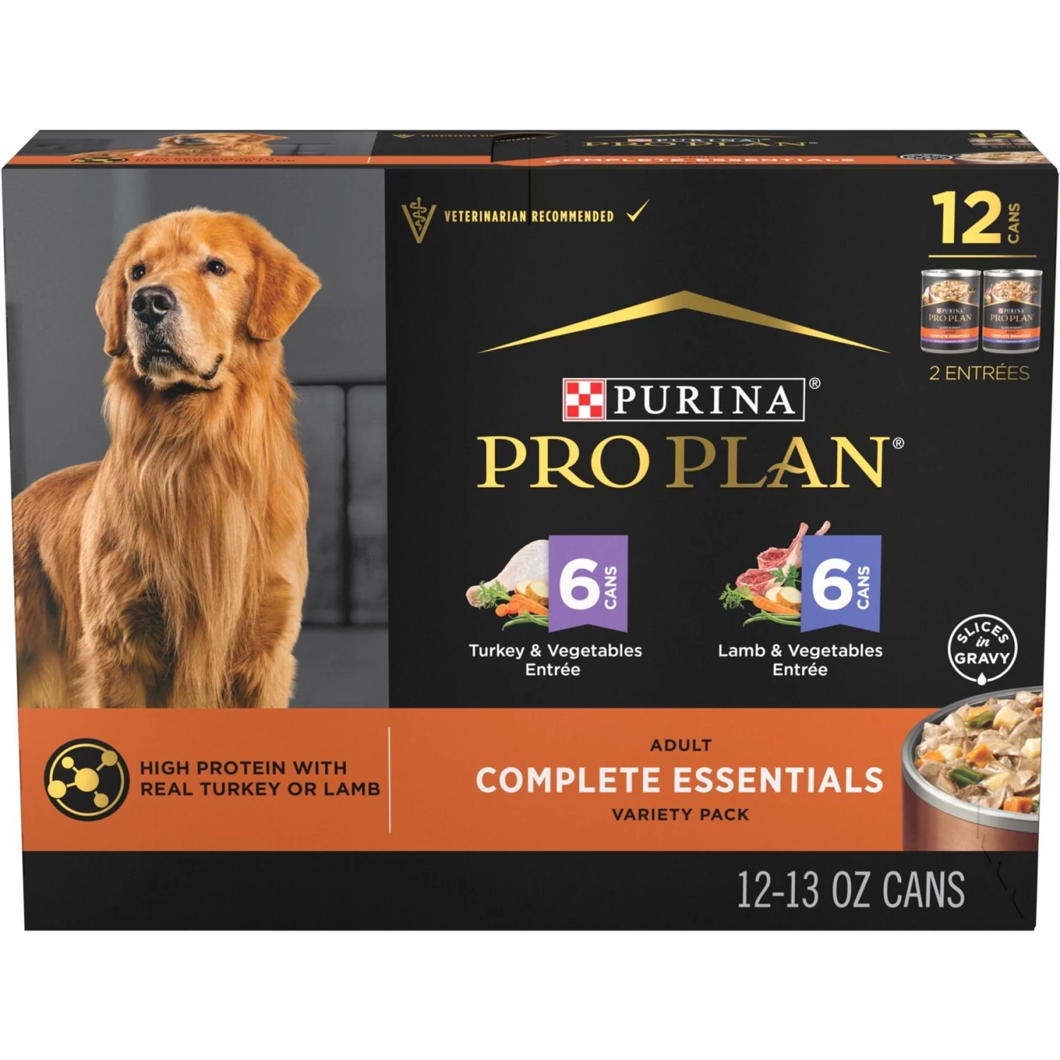 Purina Pro Plan Complete Essentials Variety Pack Adult High Protein Lamb & Vegetables, Turkey & Vegetables Slices In Gravy Wet Dog Food, 13-oz Can, Case Of 12