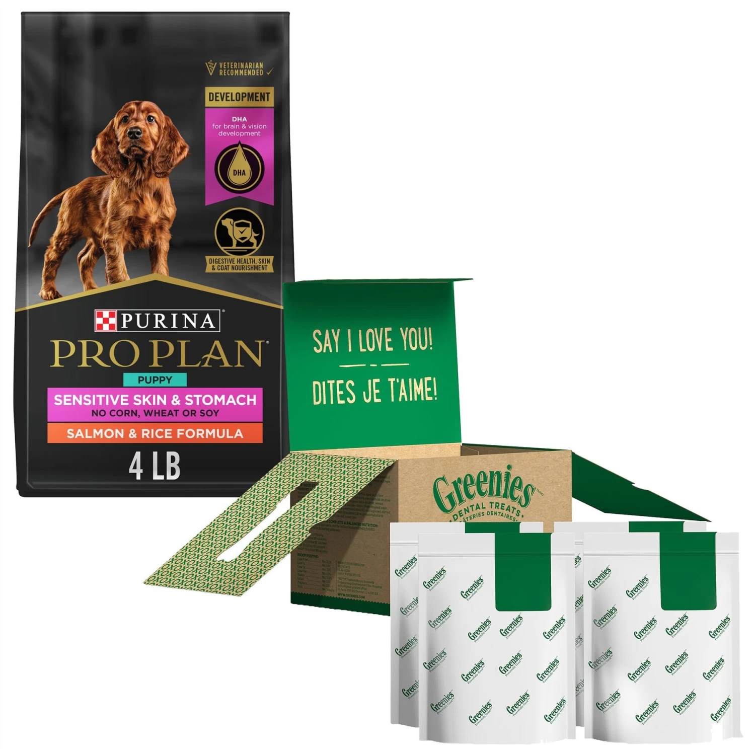 Purina Pro Plan Puppy Sensitive Skin & Stomach Salmon & Rice Dry Dog Food & Greenies Regular Dental Dog Treats