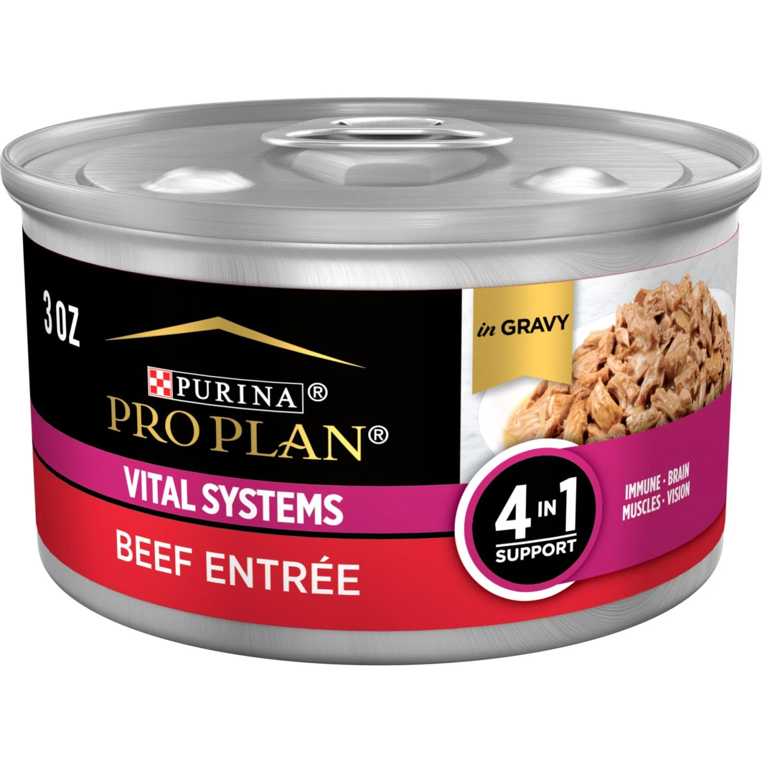 Purina Pro Plan Vital Systems Beef Entree In Wet Cat Food Gravy, 3-oz Can, Case Of 24