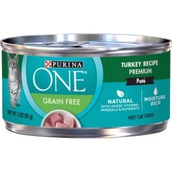 Purina ONE Turkey Recipe Pate Grain-Free Natural High Protein Canned Cat Food, 3-oz, Case Of 24