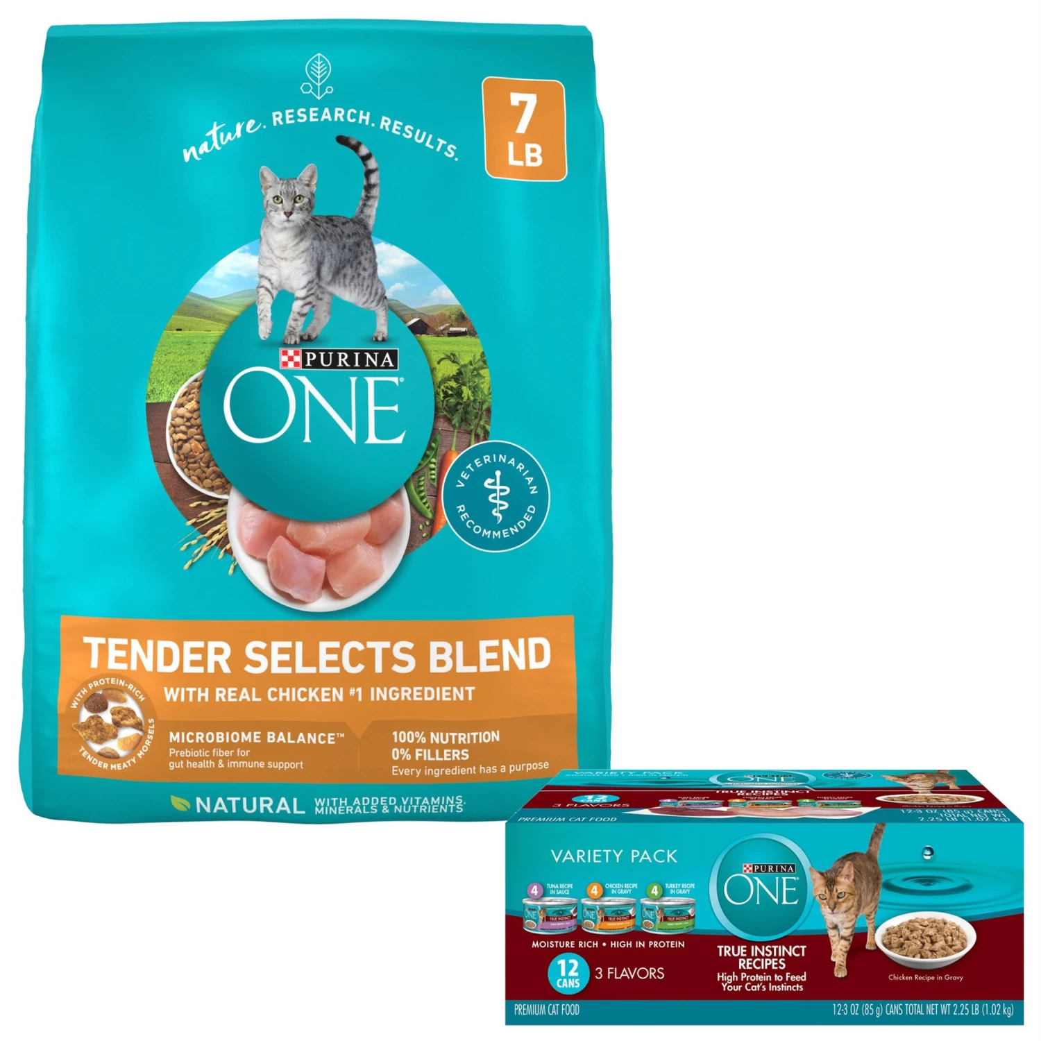 Purina ONE Tender Selects Blend With Real Chicken Dry Cat Food & Purina ONE True Instinct Turkey, Chicken & Tuna Variety Pack Canned Cat Food