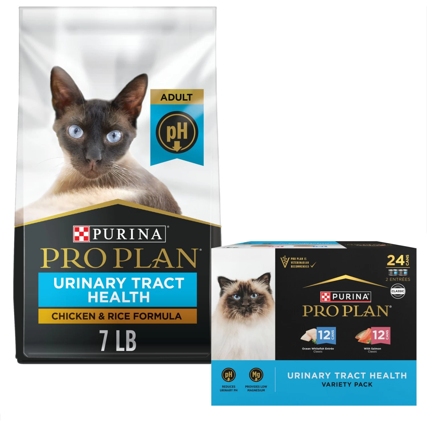 Purina Pro Plan Focus Adult Urinary Tract Health Formula Dry Cat Food & Purina Pro Plan Focus Urinary Tract Health Seafood Favorites Variety Pack Canned Cat Food, 3-oz Can, Case Of 24